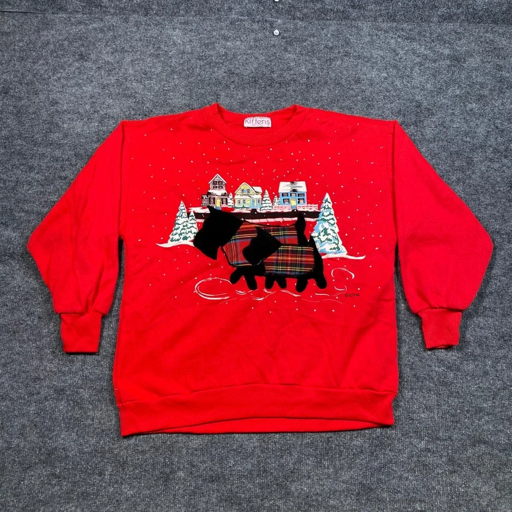 Vintage Kittens Red Scottie Dog Plaid Winter Scene Sweatshirt Mens Medium USA